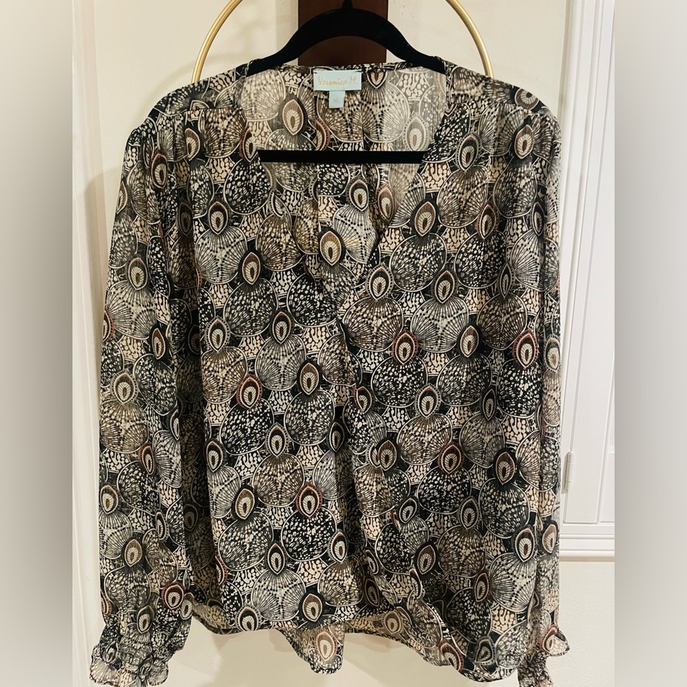 Veronica M Black and Cream Printed Long-Sleeve Blouse with Brown Accents